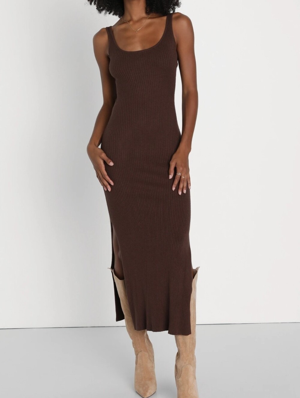 Lulus Brown Ribbed Knit Sleeveless Midi Sweater Dress - Size Small - Brand New!